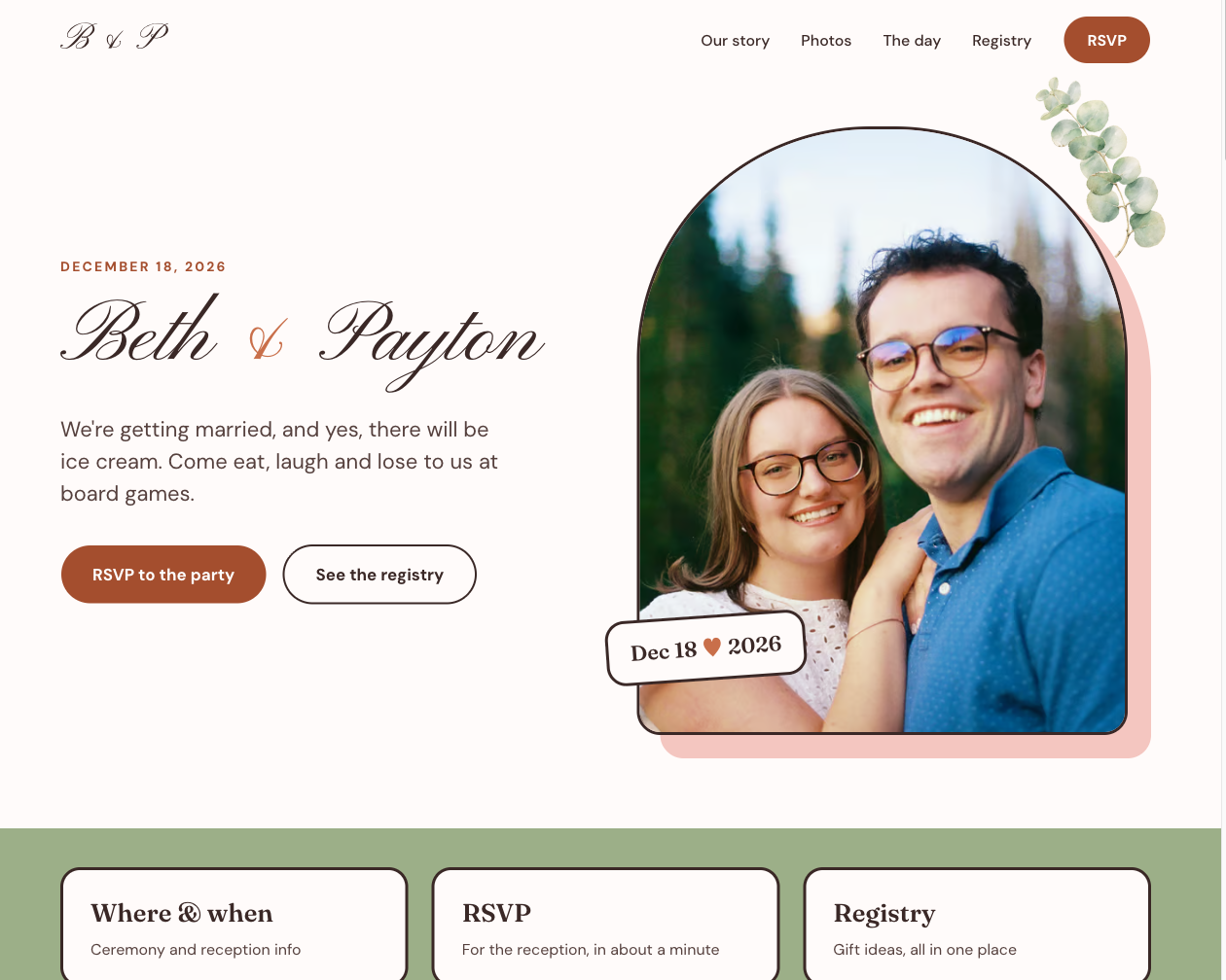 Screenshot of the Beth and Payton wedding website homepage