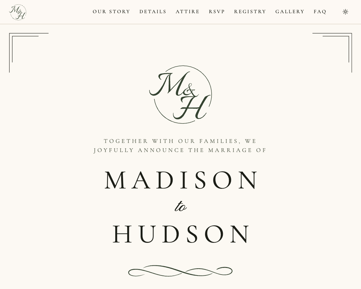 Screenshot of the Madison and Hudson wedding website homepage