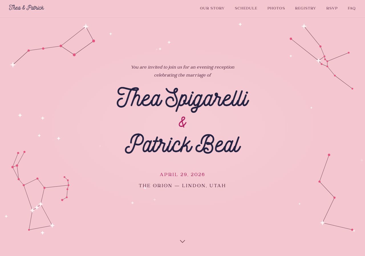 Screenshot of the Patrick and Thea wedding website homepage